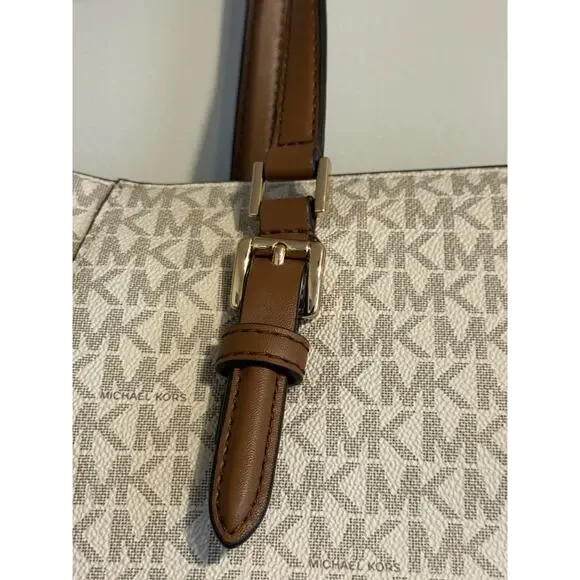 MICHAEL KORS CHARLOTTE LG 3 IN 1 TOTE SHOULDER BAG + CLUTCH MK VANILLA/BROWN - Picture 7 of 13